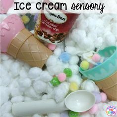 an ice cream cone and spoon in a pile of cotton balls with text overlay