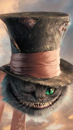 a cat wearing a top hat with green eyes and an evil look on its face