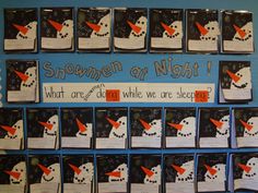 a bulletin board with snowmen on it