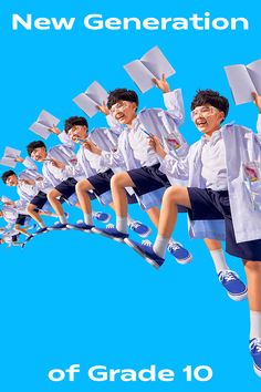 a group of young boys jumping in the air with graduation caps on their heads and arms