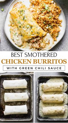 A plate of smothered chicken burritos topped with green chili sauce, cheese, and garnished with cilantro. Green Chile Smothered Burritos, Taco Bell Chicken Burrito Recipe, Smothered Chimichanga Recipe, Chimichanga Cheese Sauce, White Chicken Burritos, Mexican Chicken Burritos Recipes, Burrito With Cheese Sauce, Cilantro Lime Chicken Burritos, Mexican Tuesday Recipes