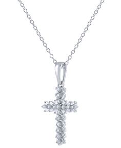 An elegant symbol of your faith. This beautiful cross pendant necklace glows with beautiful baguette and round diamonds, set in 14k white gold. Macy's Diamond Necklace Fine Jewelry, Macy's Diamond Necklaces Fine Jewelry, Elegant Cross Jewelry With Baguette Diamonds, Macy's White Diamond Necklaces, Elegant Cross Shaped Jewelry With Baguette Diamonds, Fine Jewelry Diamond White Cross Pendant Necklace, Diamond White Necklace With Pave Setting Cross Pendant, Baguette Diamond Cross Pendant Jewelry For Gifts, Diamond White Brilliant Cut Cross Pendant Necklace