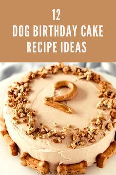 a dog birthday cake with white frosting and walnuts on top is featured in this post