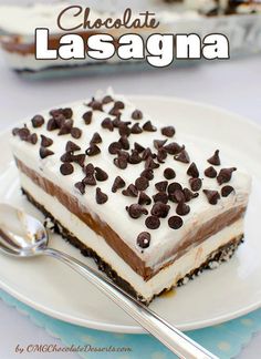 a piece of chocolate lasagna on a white plate