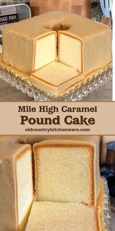 a cake that has been cut into pieces and is sitting on a plate with the words mile high caramel pound cake