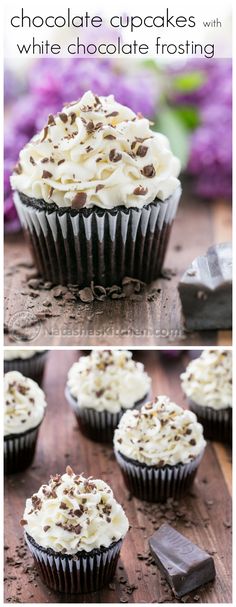 chocolate cupcakes with white chocolate frosting on top