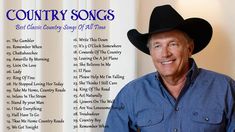 a man wearing a cowboy hat standing in front of a poster with the words country songs