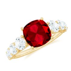 Asscher Cut Created Ruby Solitaire Ring with Moissanite Side Stones Lab Created Ruby - ( AAAA ) - Quality - Rosec Jewels Ruby Solitaire Ring, Asscher Cut, Sapphire Band, Ruby Gemstone, Signature Jewelry, 18k Yellow Gold Ring, Engagement Ring Wedding Band, Timeless Jewelry, Conflict Free Diamonds