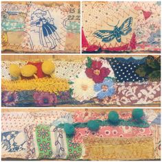 four different pictures of decorative items with flowers and butterflies on them, one is made out of fabric