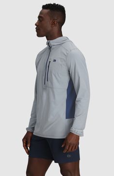 Stay cool in this breathable hoodie featuring built-in sun protection for added confidence. Half-zip closure Fixed hood Elastic cuffs Chest zip pocket UPF 30+ sun protection Perforated side panels for ventilation Unlined 85% recycled nylon, 15% elastane Machine wash, tumble dry Imported Athleisure Hoodie With Pockets For Outdoor Activities, Outdoor Half-zip Nylon Track Jacket, Functional Outdoor Hoodie With Pockets, Functional Long Sleeve Track Jacket For Hiking, Functional Hoodie With Kangaroo Pocket For Outdoors, Functional Hoodie With Pockets For Outdoor Activities, Nylon Moisture-wicking Hooded Jacket For Outdoor, Outdoor Nylon Hooded Jacket With Moisture-wicking, Long Sleeve Moisture-wicking Windbreaker For Hiking