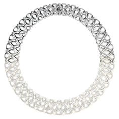 Resplendent and bold, this wonderful 18 carat white gold collar necklace features an intricate open work design beautifully inlaid with round brilliant cut diamonds on its frontal half, weighing 10.72ct in total. Elegant details are added to the piece by 49 lustrous cultured pearls set among the delicate diamonds in between the open work rounded geometric shapes. The inner circumference of the necklace measures 15 nches in length, 2.2cm in width and has a gross weight of 126.4 grams. Stamped 18K Jewelry Sketches, Gold Collar Necklace, Jewellery Sketches, Gold Collar, Work Design, Modern Necklaces, Pearl Set, Link Necklace, Round Brilliant Cut Diamond