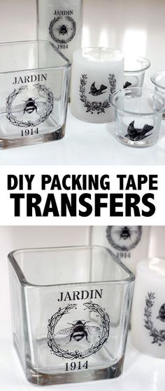 several glass containers with labels on them and the words diy packing tape transferrs