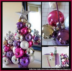 christmas tree made out of ornaments in various stages of being decorated with ribbons and bows