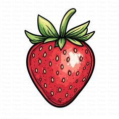 a drawing of a strawberry with green leaves on it's top and bottom half