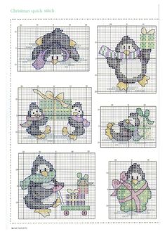 four cross stitch penguins with presents in their hands, one penguin holding a present and the other