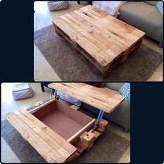 two pictures of a coffee table made out of pallets