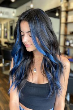 Hidden Vivid Hair Color, Blue Balyage Long Hair, Color In Bangs, Pink And Blue Highlights In Brown Hair, Dark Brown Hair Blue Highlights, Blue On Brown Hair, Blue Weave Hairstyles, Brunette Hair With Blue Highlights, Subtle Blue Hair