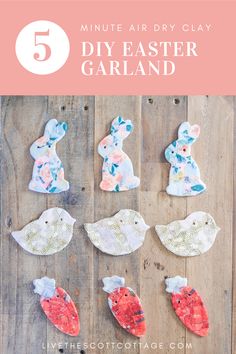 the five minute air dry clay diy easter garland is made with paper and fabric