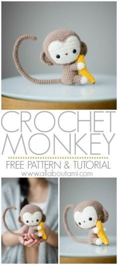 a crocheted monkey holding a banana in it's mouth with the caption free pattern and video below