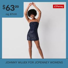 From the Johnny Wujek for JCPenney limited-time collection, this women's and junior's strapless bodycon dress is a shiny style statement for your next night out. Made from a slinky sequin coated stretch-mesh, this sleeveless short dress has a straight neckline with a ruched bustier and built-in bra. Wear it with heels and a clutch.Features: Built In BraClosure Type: ZipperNeckline: Straight NeckSleeve Length: SleevelessApparel Length: 33 InchesDress Length: Short LengthFiber Content: 95% Polyes… Sequin Coats, Strapless Bodycon Dress, Dresses Bodycon, Sleeveless Short Dress, Sleeveless Bodycon Dress, Straight Neckline, Large Dress, Medium Dress, Bodycon Dresses