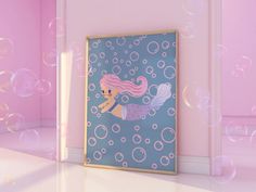 a pink room with bubbles floating in the air and a mermaid painting on the wall