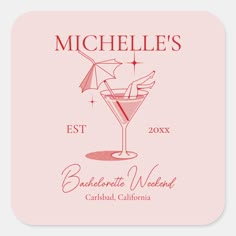 a pink square coaster with the name and image of a cocktail