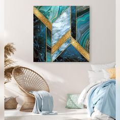 an abstract painting on the wall above a bed in a room with a wicker chair