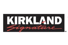 the kirkland signature logo is shown in red and white on a black background,