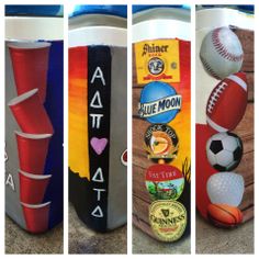 four different types of beer cans decorated with sports related items