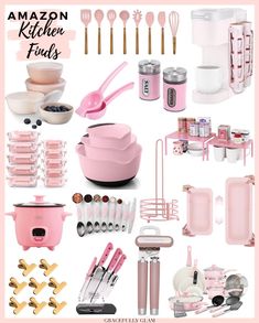 pink kitchen accessories and utensils are arranged in a collage