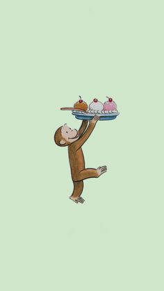 a drawing of a monkey holding a tray with desserts on it's back