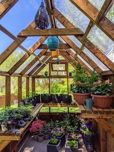 an indoor greenhouse with potted plants and hanging lights on the ceiling is filled with flowers