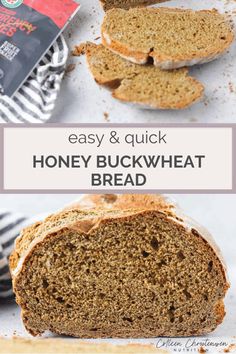 a loaf of honey buckwheat bread is cut in half