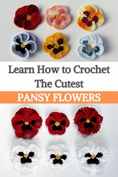 crocheted flowers with the title learn how to crochet the cutest pansy flowers