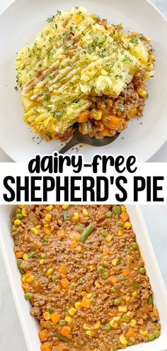 two plates with different types of food on them and the words dairy - free shepherd's pie