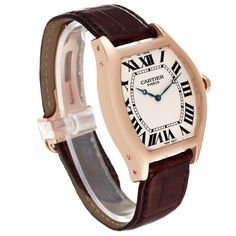 Cartier Tortue XL CPCP Collection Rose Gold Mens Watch 2763 W1546051. Manual winding movement. Cartier Calibre 9601 MC. 18k rose gold Tonneau shape case 48 mm x 38 mm. Octagonal crown set with a faceted sapphire. Sapphire exhibition case back. 18k rose gold bezel. Scratch resistant sapphire crystal. Silver guilloche dial with blued steel apple-shaped hands and black painted Roman numeral hour markers. Minute markers around the inner rim. Brown leather strap with 18k rose gold deployant clasp. Formal Cartier Chronograph Watch, Cartier Classic Chronograph Watch For Formal Occasions, Classic Cartier Chronograph Watch For Formal Occasions, Classic Cartier Chronograph Watch Accessories, Classic Cartier Watch Accessories With Chronograph, Classic Cartier Chronograph Watch, Classic Cartier Watch With Subdials, Cartier White Business Watch, Luxury Cartier Analog Watches