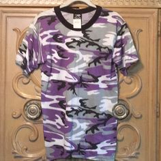 Very Cool Camouflage Shirt With Purple Black Grey And White New With Tags Size Medium Purple Cotton Shirt For Streetwear, Casual Purple Shirt For Streetwear, Lavender Casual Streetwear Tops, Casual Lavender Tops For Streetwear, Camo Crop Top, Orange Camo, Womens Camo, Retro Tee, Yellow Shorts