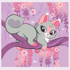 a cartoon cat sitting on top of a tree branch with flowers in the back ground