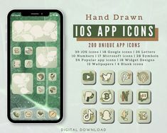 the hand drawn icons are displayed on an iphone's screen and it is green