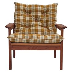 a wooden chair with plaid cushions on it