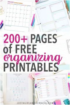 free printables for organizing with the text overlay that reads, 200 + pages of free organizing printables