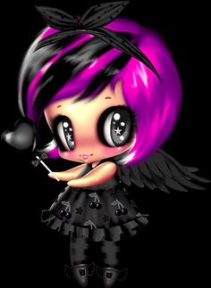 a cartoon girl with pink hair and big eyes holding a black object in her hand