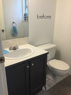 a white toilet sitting next to a sink in a bathroom under a mirror with the word before written on it