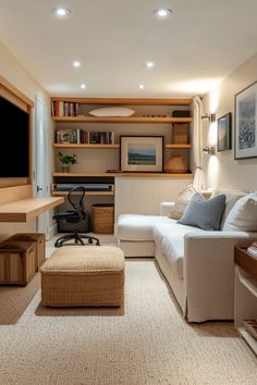 a living room filled with furniture and a flat screen tv mounted to the wall above it