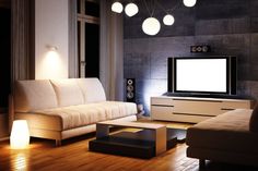 a modern living room with white furniture and black walls