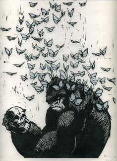 a black and white drawing of a gorilla with butterflies on its head in the air