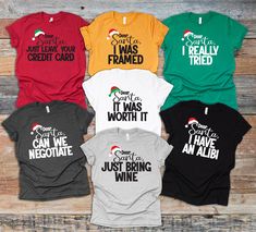 Get ready for the holiday season with our adorable "Dear Santa" shirts! Perfect for family gatherings, holiday photos, or festive outings, these matching shirts bring a touch of fun and warmth to your celebrations. Choose one of my custom sayings or come up with your own! Some Ideas: Dear Santa, Define Good I Didn't Do It He Did It She Did It Just Bring Wine Can We Negotiate It Was Worth It I Have an Alibi I Was Framed I Really Tried I Was Good-ish Don't Judge Me Colors can be changed upon request. These shirts are all made to order - design may vary slightly.  Unless Requested - Santa hat will be red with the white fur except the red shirt hat will be green and white shirt fur will be green Shirts: Adult Unisex Tshirts. These shirts are super soft - Heather CVC/Blend Colors are made from Dear Santa Shirts, Christmas Best Friend, Holiday Shirt Ideas, Dear Santa Define Good, Green Shirts, Matching Family Shirts, She Did It, Order Design, Family Shirts Matching