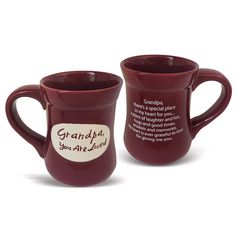 two red coffee mugs with the words grandpa and you are loved on each one