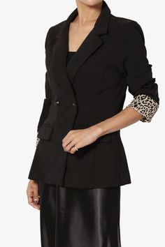 Clean, sleek lines look ultra sophisticated in this tailored blazer. Double breasted style with a notched lapels. A great piece for layering with shorts and simple tee for the day and layer over a bodycon midi dress for the night!Double breasted closure, Long sleeves with contrast leopard cuffsNotched lapels, Stretch crepe ; Good for spring summer fallStraight hem, Princess seam details, Faux flap pocketsFits small to size, take one size larger than normalModel size : 5'3" height, 34" bust, 24" Sleek Blazer Dress With Suit Collar For Office, Sleek Notch Lapel Blazer Dress For Office, Tailored Structured Blazer For Night Out, Sleek Tailored Blazer Dress For Office, Trendy Notched Blazer For Formal Occasions, Trendy Notch Lapel Blazer Dress For Formal Occasions, Trendy Fitted Blazer Dress With Notch Lapel, Chic Notched Blazer Dress For Business Casual, Trendy Fitted Blazer For Office Wear