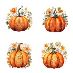 four pumpkins with ornate designs on them